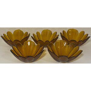 5 Vintage Amber Glass Petal Bowls Flower Floral Collectible Dinnerware
